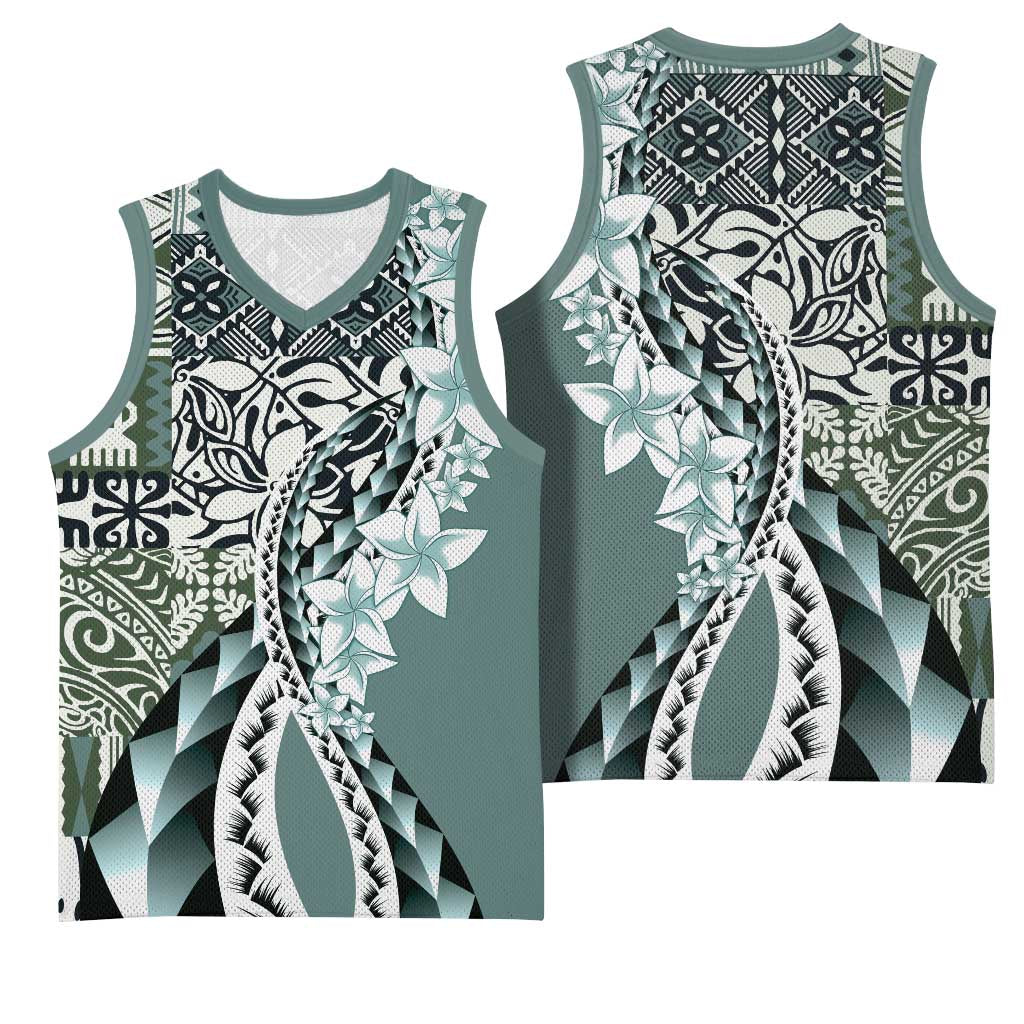 Aloha Vintage Plumeria Hawaiian Tapa Pattern Basketball Jersey Dark Turquoise Hawaiian Tapa Pattern - Polynesian Pride