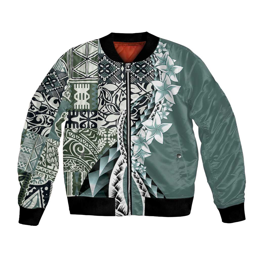 Aloha Vintage Plumeria Hawaiian Tapa Pattern Bomber Jacket Dark Turquoise Hawaiian Tapa Pattern - Polynesian Pride