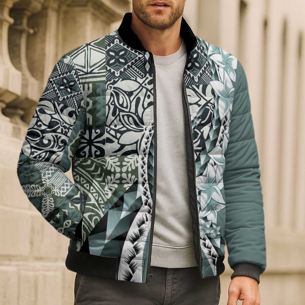 Aloha Vintage Plumeria Hawaiian Tapa Pattern Bomber Puffer Jacket Dark Turquoise Hawaiian Tapa Pattern - Polynesian Pride