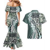 Aloha Vintage Plumeria Hawaiian Tapa Pattern Couples Matching Mermaid Dress and Hawaiian Shirt Dark Turquoise Hawaiian Tapa Pattern - Polynesian Pride