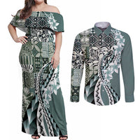Aloha Vintage Plumeria Hawaiian Tapa Pattern Couples Matching Off Shoulder Maxi Dress and Long Sleeve Button Shirt Dark Turquoise Hawaiian Tapa Pattern - Polynesian Pride