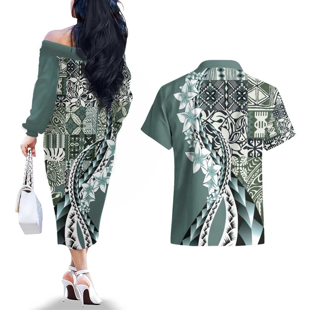 Aloha Vintage Plumeria Hawaiian Tapa Pattern Couples Matching Off The Shoulder Long Sleeve Dress and Hawaiian Shirt Dark Turquoise Hawaiian Tapa Pattern - Polynesian Pride