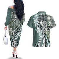 Aloha Vintage Plumeria Hawaiian Tapa Pattern Couples Matching Off The Shoulder Long Sleeve Dress and Hawaiian Shirt Dark Turquoise Hawaiian Tapa Pattern - Polynesian Pride