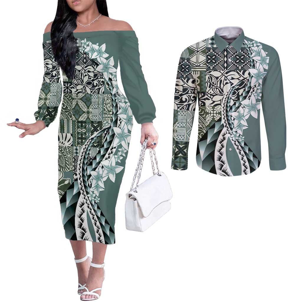 Aloha Vintage Plumeria Hawaiian Tapa Pattern Couples Matching Off The Shoulder Long Sleeve Dress and Long Sleeve Button Shirt Dark Turquoise Hawaiian Tapa Pattern - Polynesian Pride