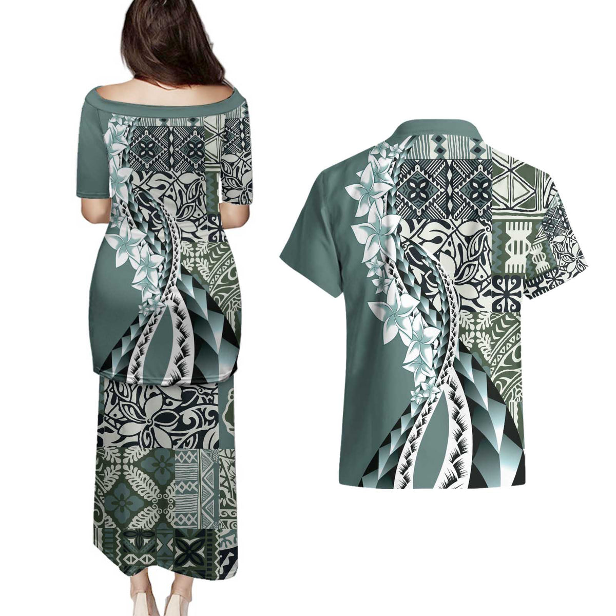 Aloha Vintage Plumeria Hawaiian Tapa Pattern Couples Matching Puletasi and Hawaiian Shirt Dark Turquoise Hawaiian Tapa Pattern - Polynesian Pride