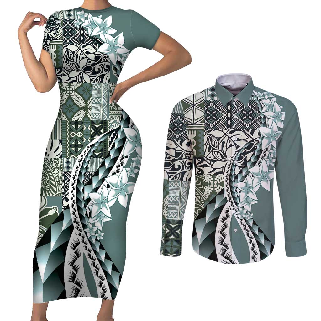 Aloha Vintage Plumeria Hawaiian Tapa Pattern Couples Matching Short Sleeve Bodycon Dress and Long Sleeve Button Shirt Dark Turquoise Hawaiian Tapa Pattern - Polynesian Pride