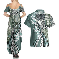 Aloha Vintage Plumeria Hawaiian Tapa Pattern Couples Matching Summer Maxi Dress and Hawaiian Shirt Dark Turquoise Hawaiian Tapa Pattern - Polynesian Pride