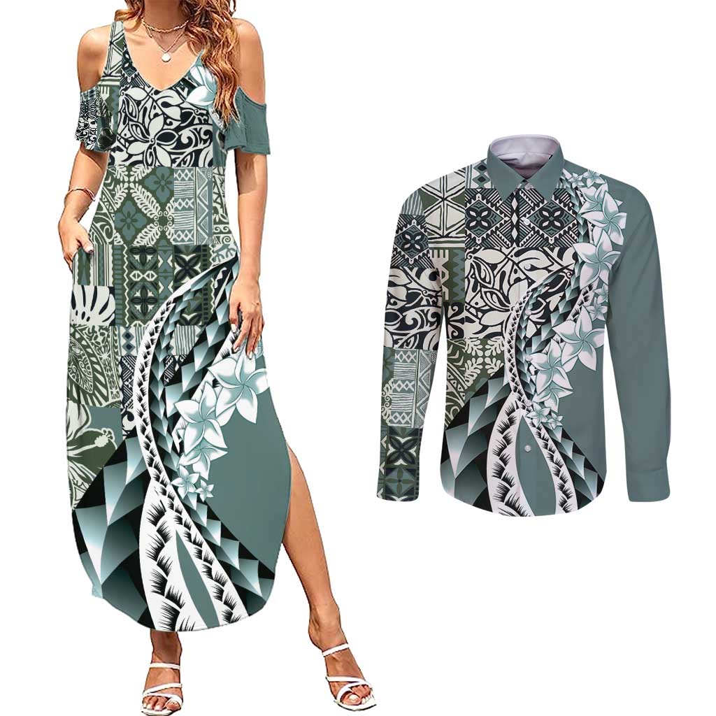Aloha Vintage Plumeria Hawaiian Tapa Pattern Couples Matching Summer Maxi Dress and Long Sleeve Button Shirt Dark Turquoise Hawaiian Tapa Pattern - Polynesian Pride