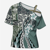 Aloha Vintage Plumeria Hawaiian Tapa Pattern Cross Shoulder Shirt Dark Turquoise Hawaiian Tapa Pattern - Polynesian Pride