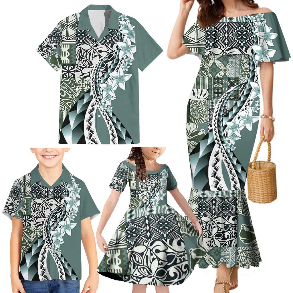 Aloha Vintage Plumeria Hawaiian Tapa Pattern Family Matching Mermaid Dress and Hawaiian Shirt Dark Turquoise Hawaiian Tapa Pattern - Polynesian Pride