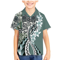 Aloha Vintage Plumeria Hawaiian Tapa Pattern Family Matching Mermaid Dress and Hawaiian Shirt Dark Turquoise Hawaiian Tapa Pattern - Polynesian Pride