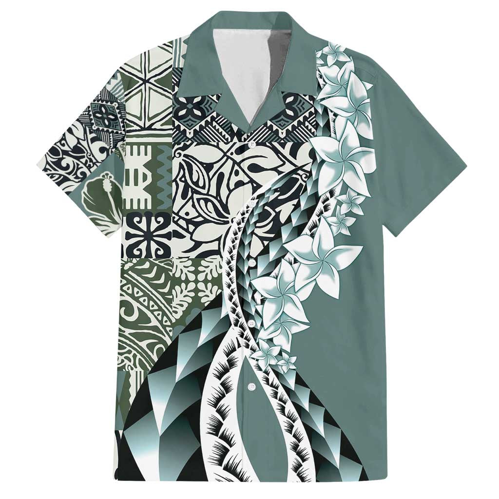 Aloha Vintage Plumeria Hawaiian Tapa Pattern Family Matching Off Shoulder Short Dress and Hawaiian Shirt Dark Turquoise Hawaiian Tapa Pattern - Polynesian Pride