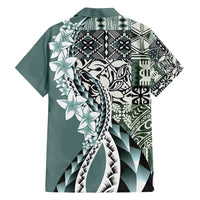 Aloha Vintage Plumeria Hawaiian Tapa Pattern Family Matching Off Shoulder Short Dress and Hawaiian Shirt Dark Turquoise Hawaiian Tapa Pattern - Polynesian Pride