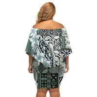 Aloha Vintage Plumeria Hawaiian Tapa Pattern Family Matching Off Shoulder Short Dress and Hawaiian Shirt Dark Turquoise Hawaiian Tapa Pattern - Polynesian Pride