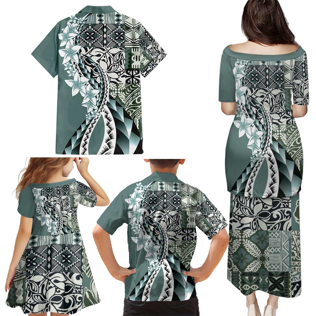 Aloha Vintage Plumeria Hawaiian Tapa Pattern Family Matching Puletasi and Hawaiian Shirt Dark Turquoise Hawaiian Tapa Pattern - Polynesian Pride