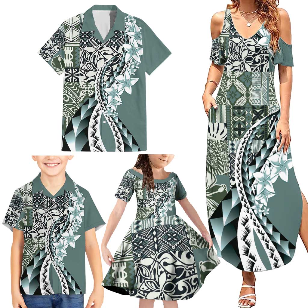 Aloha Vintage Plumeria Hawaiian Tapa Pattern Family Matching Summer Maxi Dress and Hawaiian Shirt Dark Turquoise Hawaiian Tapa Pattern - Polynesian Pride
