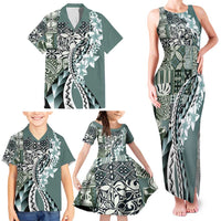 Aloha Vintage Plumeria Hawaiian Tapa Pattern Family Matching Tank Maxi Dress and Hawaiian Shirt Dark Turquoise Hawaiian Tapa Pattern - Polynesian Pride