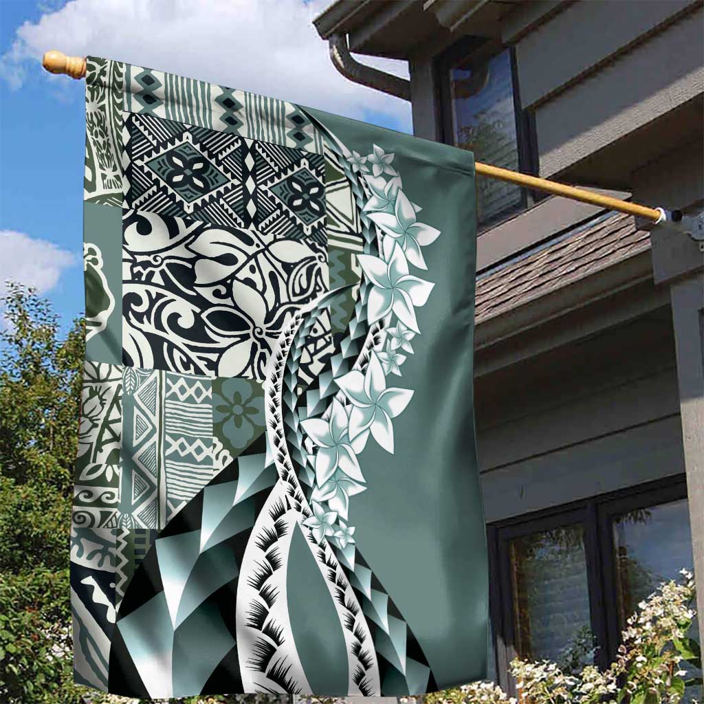 Aloha Vintage Plumeria Hawaiian Tapa Pattern Garden Flag Dark Turquoise Hawaiian Tapa Pattern - Polynesian Pride