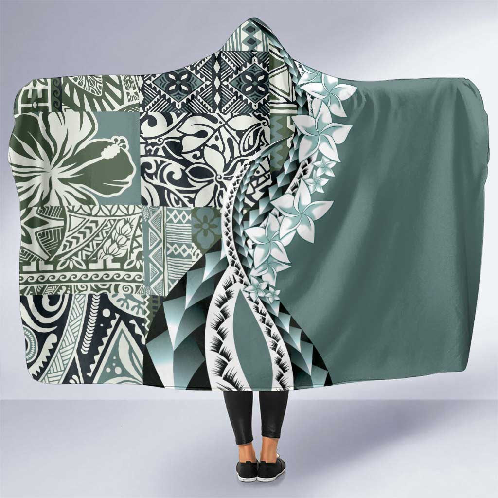 Aloha Vintage Plumeria Hawaiian Tapa Pattern Hooded Blanket Dark Turquoise Hawaiian Tapa Pattern - Polynesian Pride