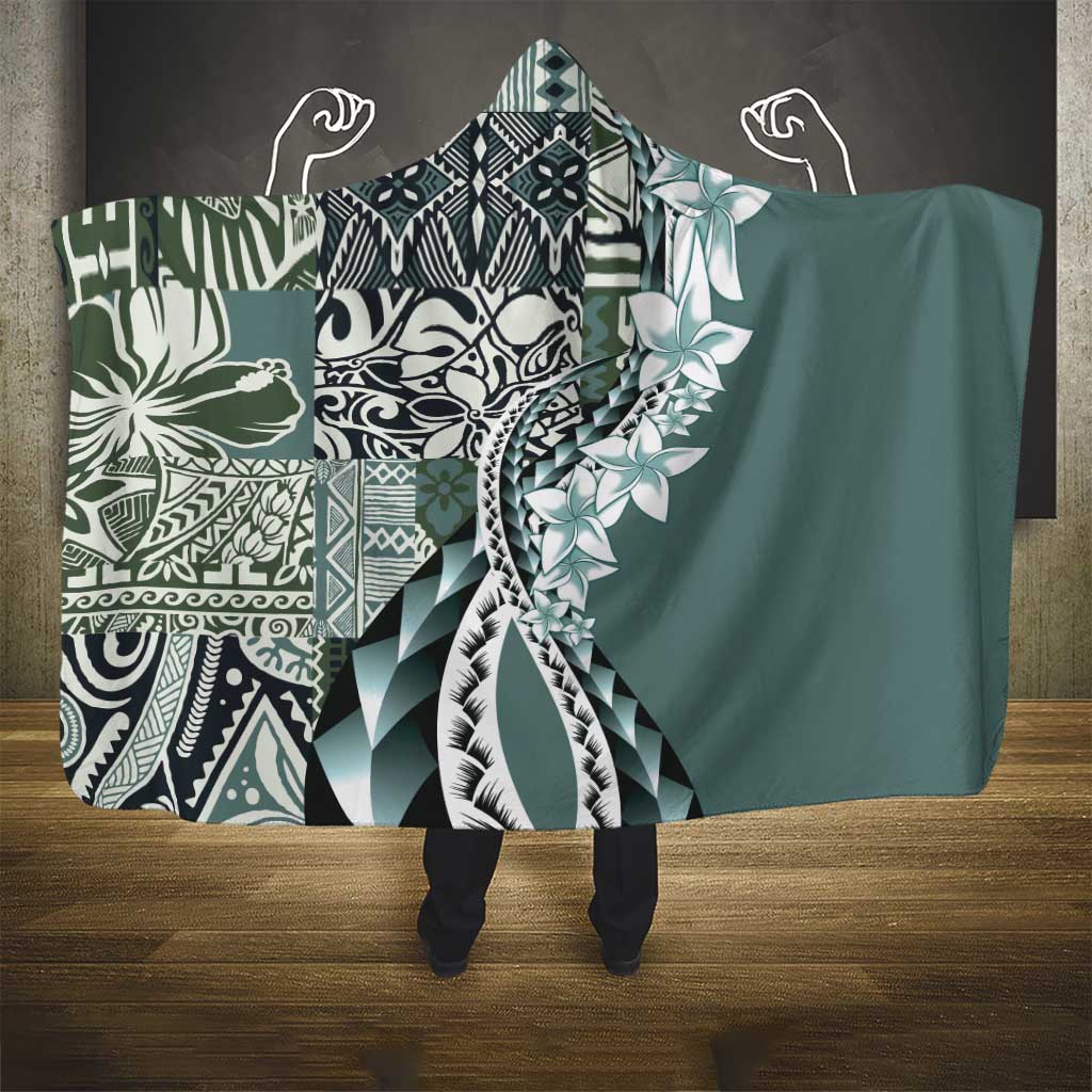 Aloha Vintage Plumeria Hawaiian Tapa Pattern Hooded Blanket Dark Turquoise Hawaiian Tapa Pattern - Polynesian Pride