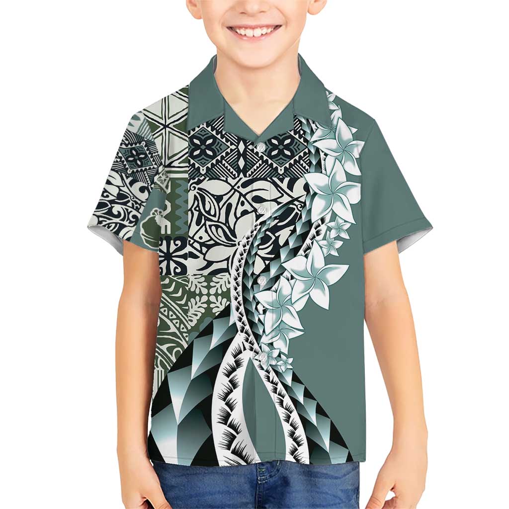 Aloha Vintage Plumeria Hawaiian Tapa Pattern Kid Hawaiian Shirt Dark Turquoise Hawaiian Tapa Pattern - Polynesian Pride