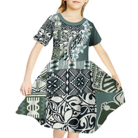 Aloha Vintage Plumeria Hawaiian Tapa Pattern Kid Short Sleeve Dress Dark Turquoise Hawaiian Tapa Pattern - Polynesian Pride