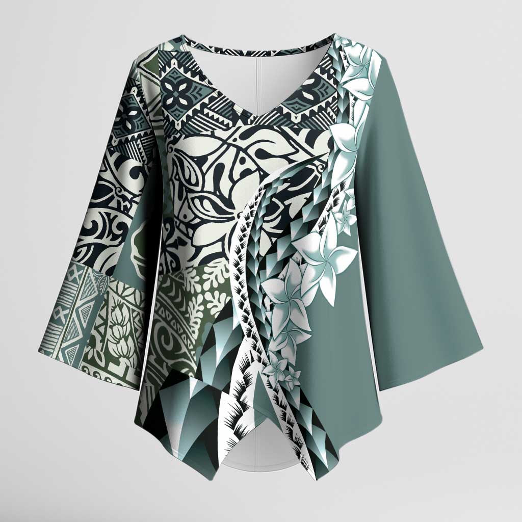 Aloha Vintage Plumeria Hawaiian Tapa Pattern Kimono Sleeve Blouse Dark Turquoise Hawaiian Tapa Pattern - Polynesian Pride
