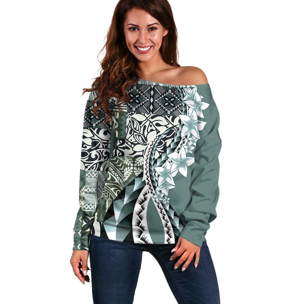 Aloha Vintage Plumeria Hawaiian Tapa Pattern Off Shoulder Sweater Dark Turquoise Hawaiian Tapa Pattern - Polynesian Pride