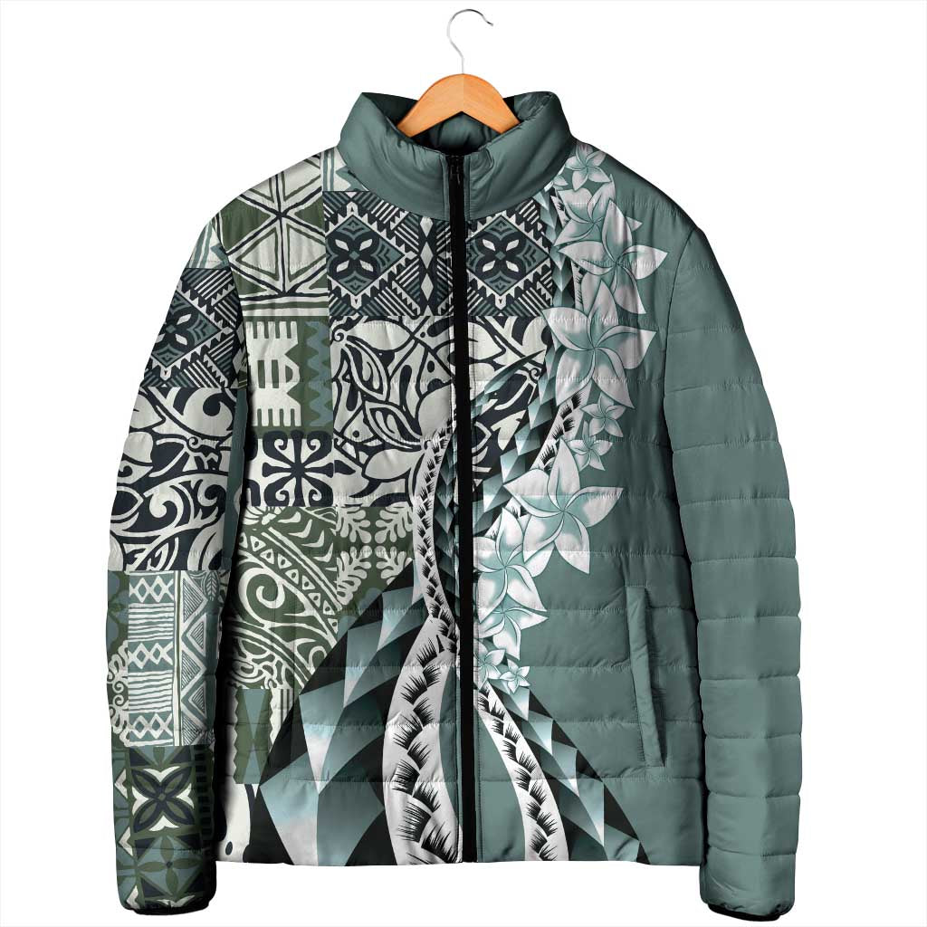 Aloha Vintage Plumeria Hawaiian Tapa Pattern Padded Jacket Dark Turquoise Hawaiian Tapa Pattern - Polynesian Pride