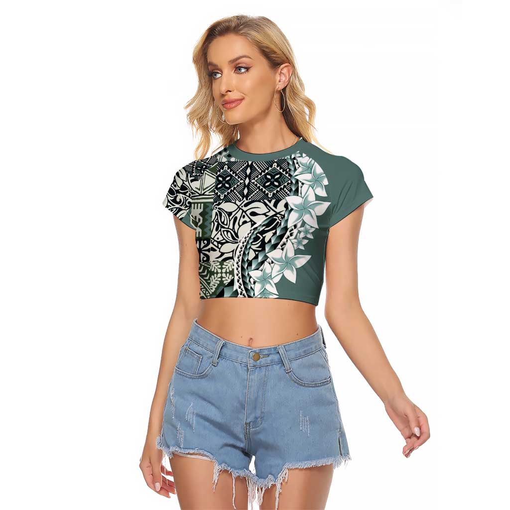 Aloha Vintage Plumeria Hawaiian Tapa Pattern Raglan Cropped T Shirt Dark Turquoise Hawaiian Tapa Pattern - Polynesian Pride