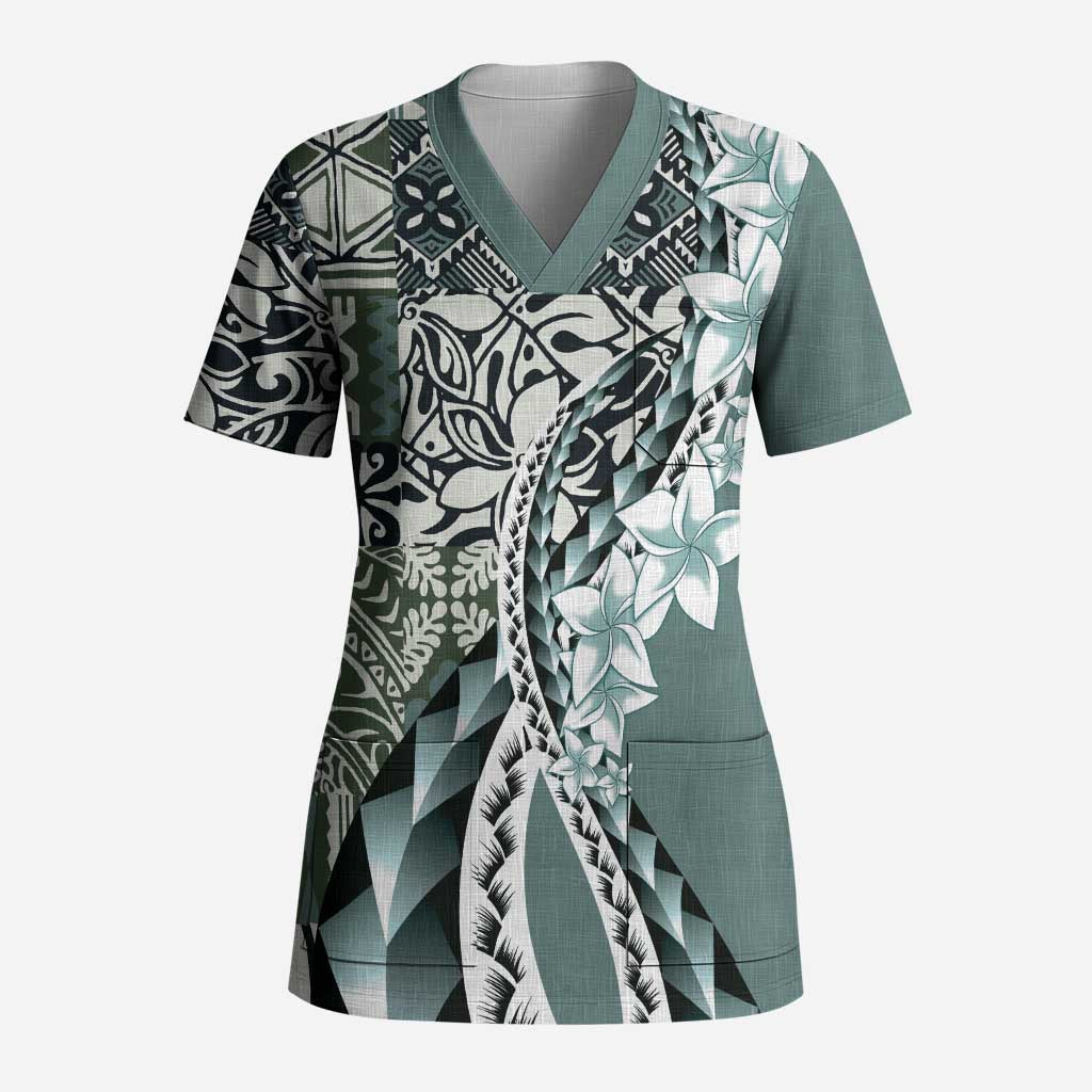 Aloha Vintage Plumeria Hawaiian Tapa Pattern Scrub Top Dark Turquoise Hawaiian Tapa Pattern - Polynesian Pride