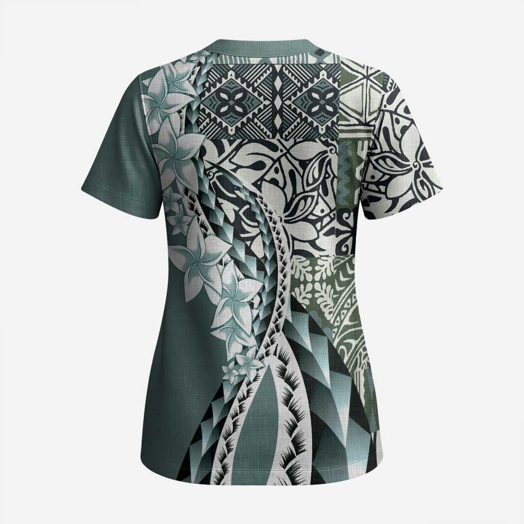 Aloha Vintage Plumeria Hawaiian Tapa Pattern Scrub Top Dark Turquoise Hawaiian Tapa Pattern - Polynesian Pride