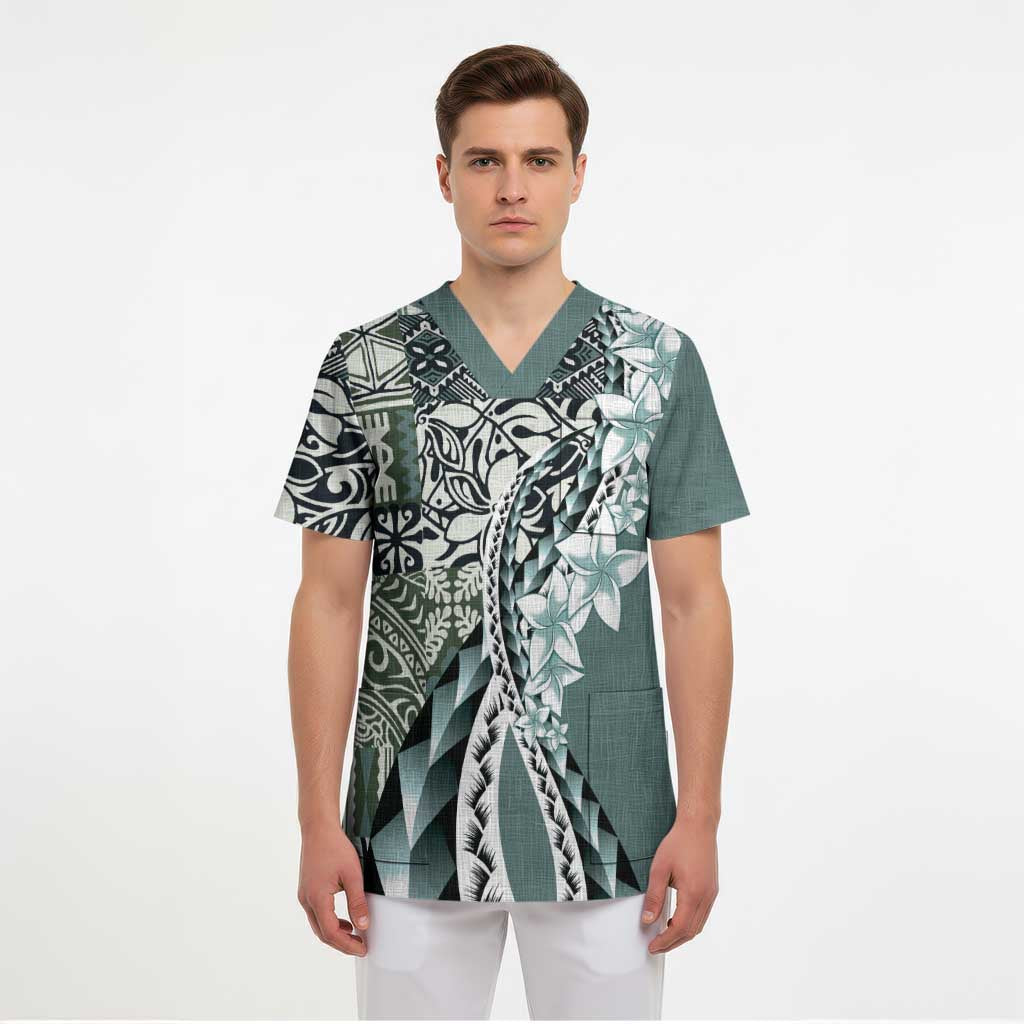 Aloha Vintage Plumeria Hawaiian Tapa Pattern Scrub Top Dark Turquoise Hawaiian Tapa Pattern - Polynesian Pride