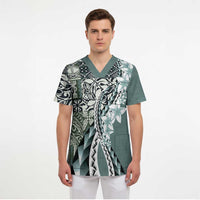 Aloha Vintage Plumeria Hawaiian Tapa Pattern Scrub Top Dark Turquoise Hawaiian Tapa Pattern - Polynesian Pride