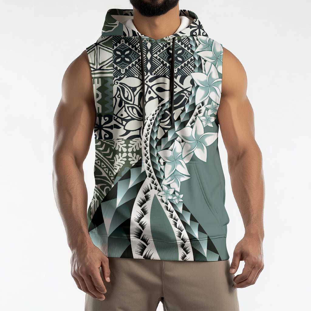 Aloha Vintage Plumeria Hawaiian Tapa Pattern Sleeveless Hoodie Dark Turquoise Hawaiian Tapa Pattern - Polynesian Pride