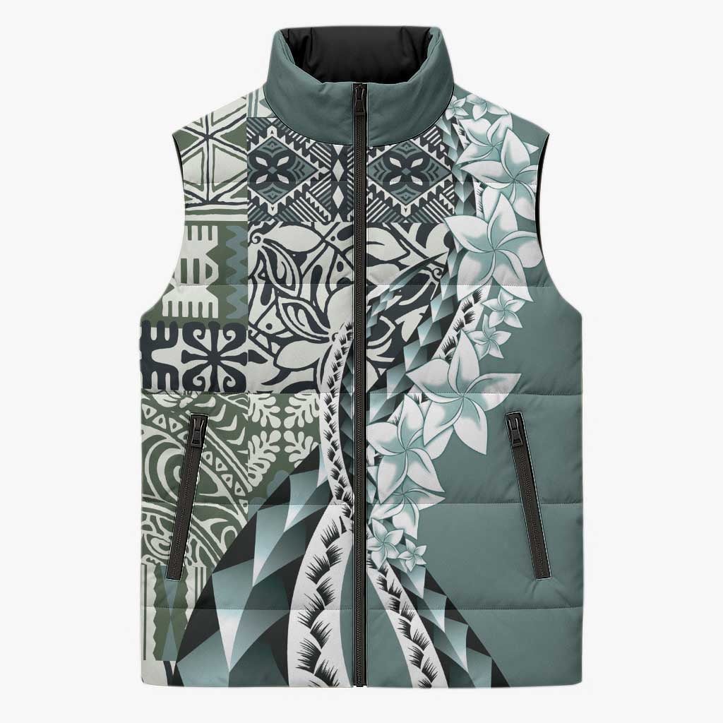 Aloha Vintage Plumeria Hawaiian Tapa Pattern Sleeveless Puffer Jacket Dark Turquoise Hawaiian Tapa Pattern - Polynesian Pride