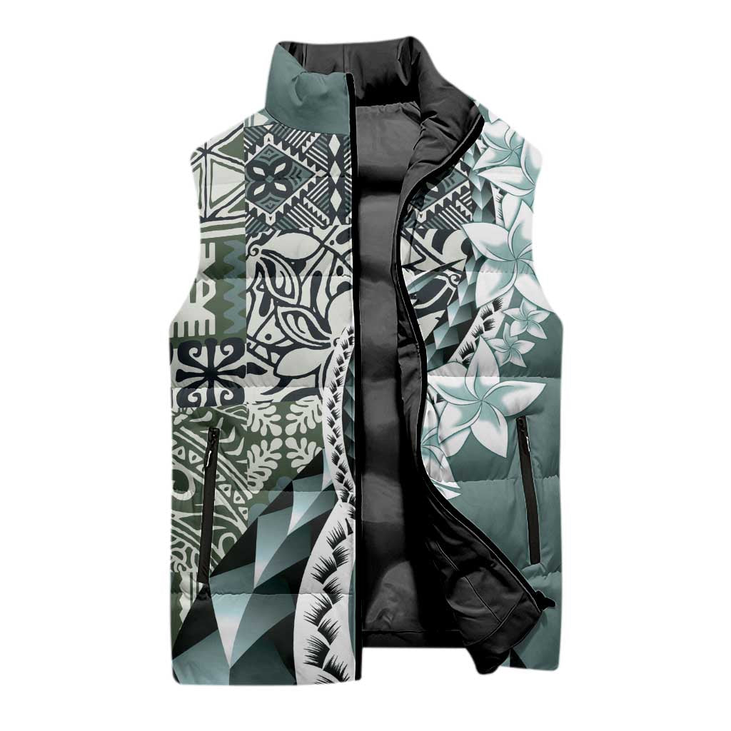 Aloha Vintage Plumeria Hawaiian Tapa Pattern Sleeveless Puffer Jacket Dark Turquoise Hawaiian Tapa Pattern - Polynesian Pride