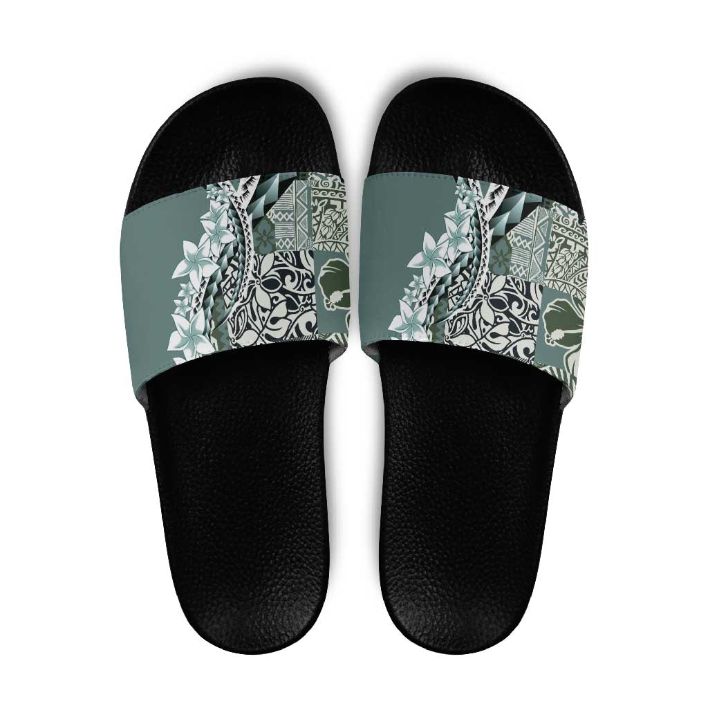 Aloha Vintage Plumeria Hawaiian Tapa Pattern Slide Sandals Dark Turquoise Hawaiian Tapa Pattern - Polynesian Pride