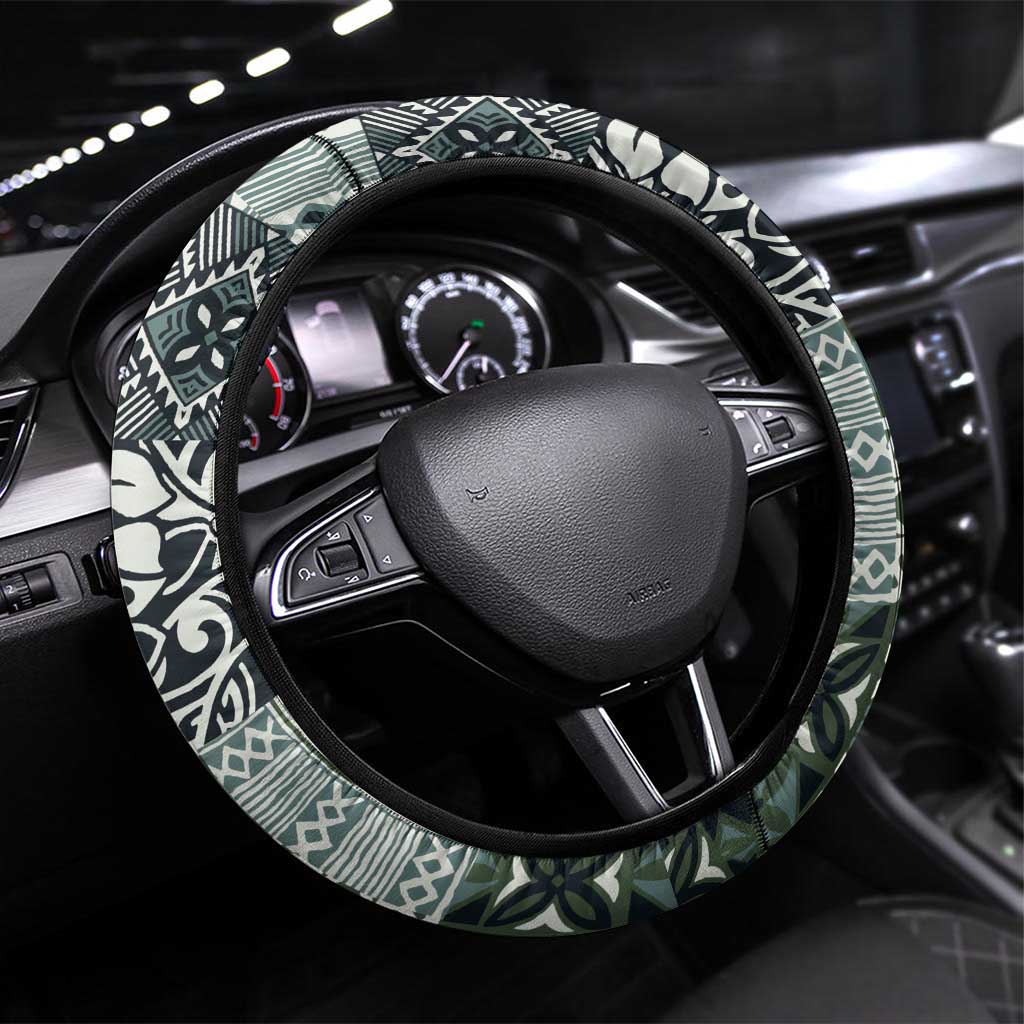 Aloha Vintage Plumeria Hawaiian Tapa Pattern Steering Wheel Cover Dark Turquoise Hawaiian Tapa Pattern - Polynesian Pride