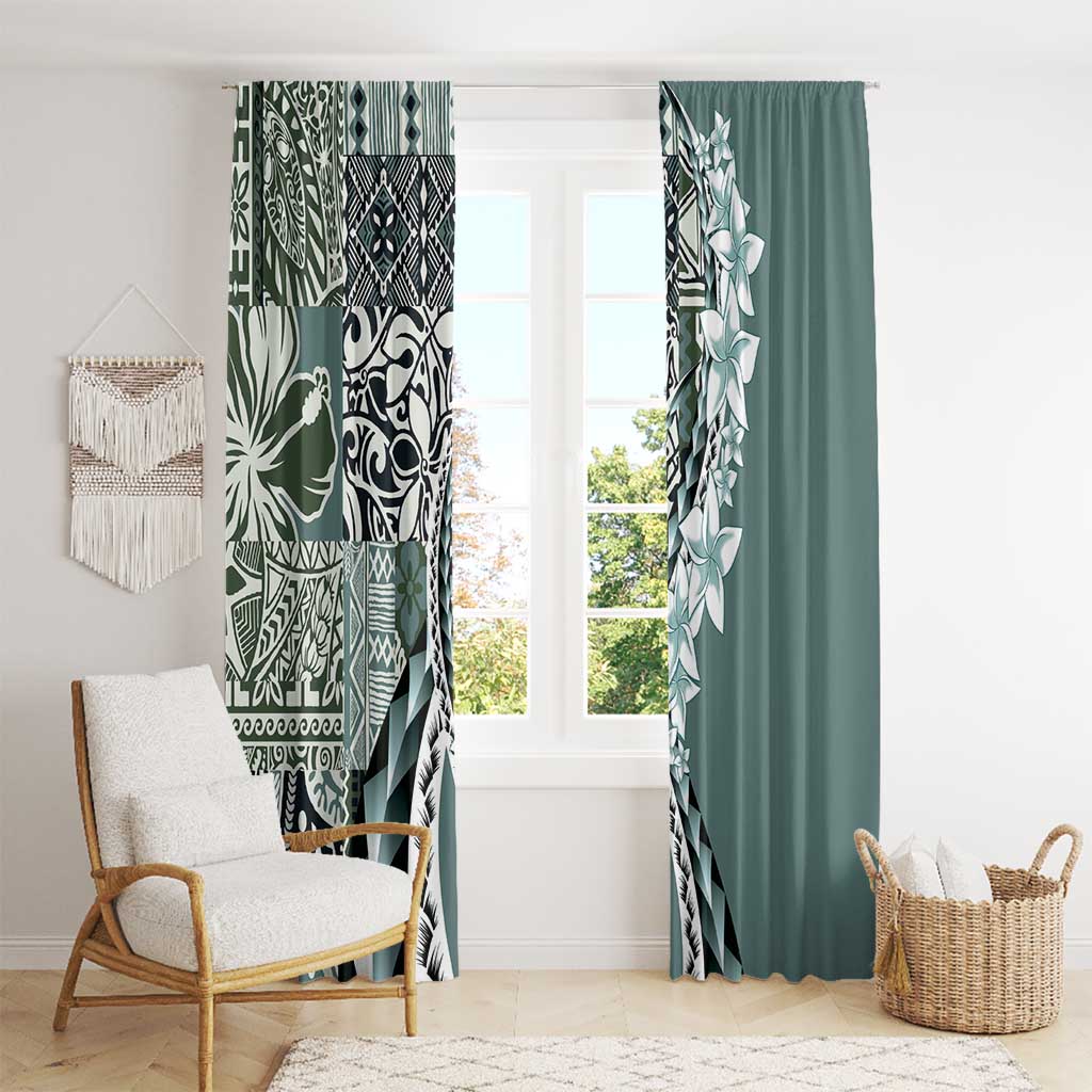 Aloha Vintage Plumeria Hawaiian Tapa Pattern Window Curtain Dark Turquoise Hawaiian Tapa Pattern - Polynesian Pride