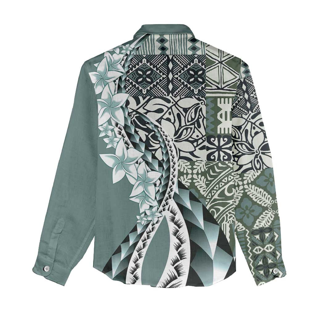 Aloha Vintage Plumeria Hawaiian Tapa Pattern Women Casual Shirt Dark Turquoise Hawaiian Tapa Pattern - Polynesian Pride