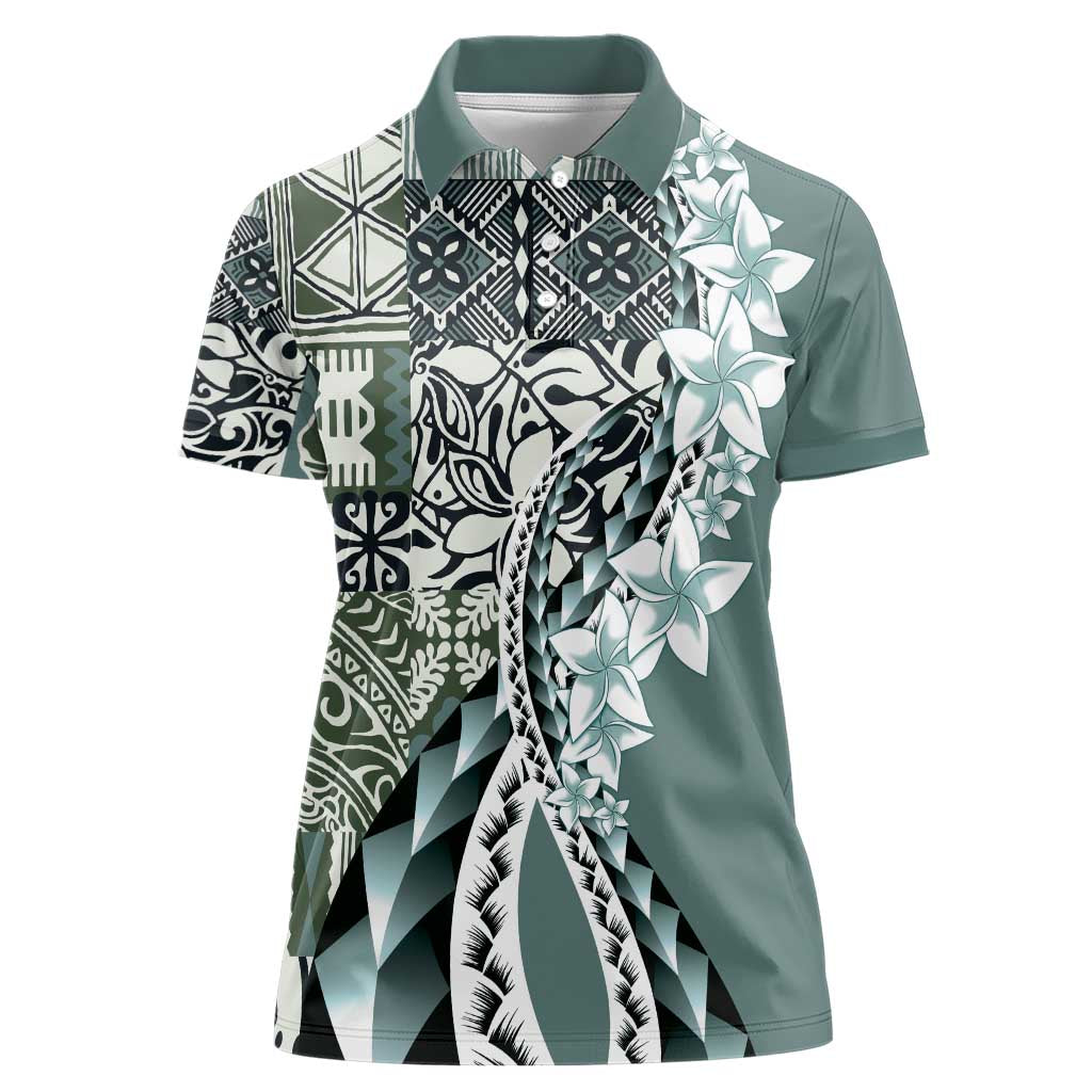 Aloha Vintage Plumeria Hawaiian Tapa Pattern Women Polo Shirt Dark Turquoise Hawaiian Tapa Pattern - Polynesian Pride