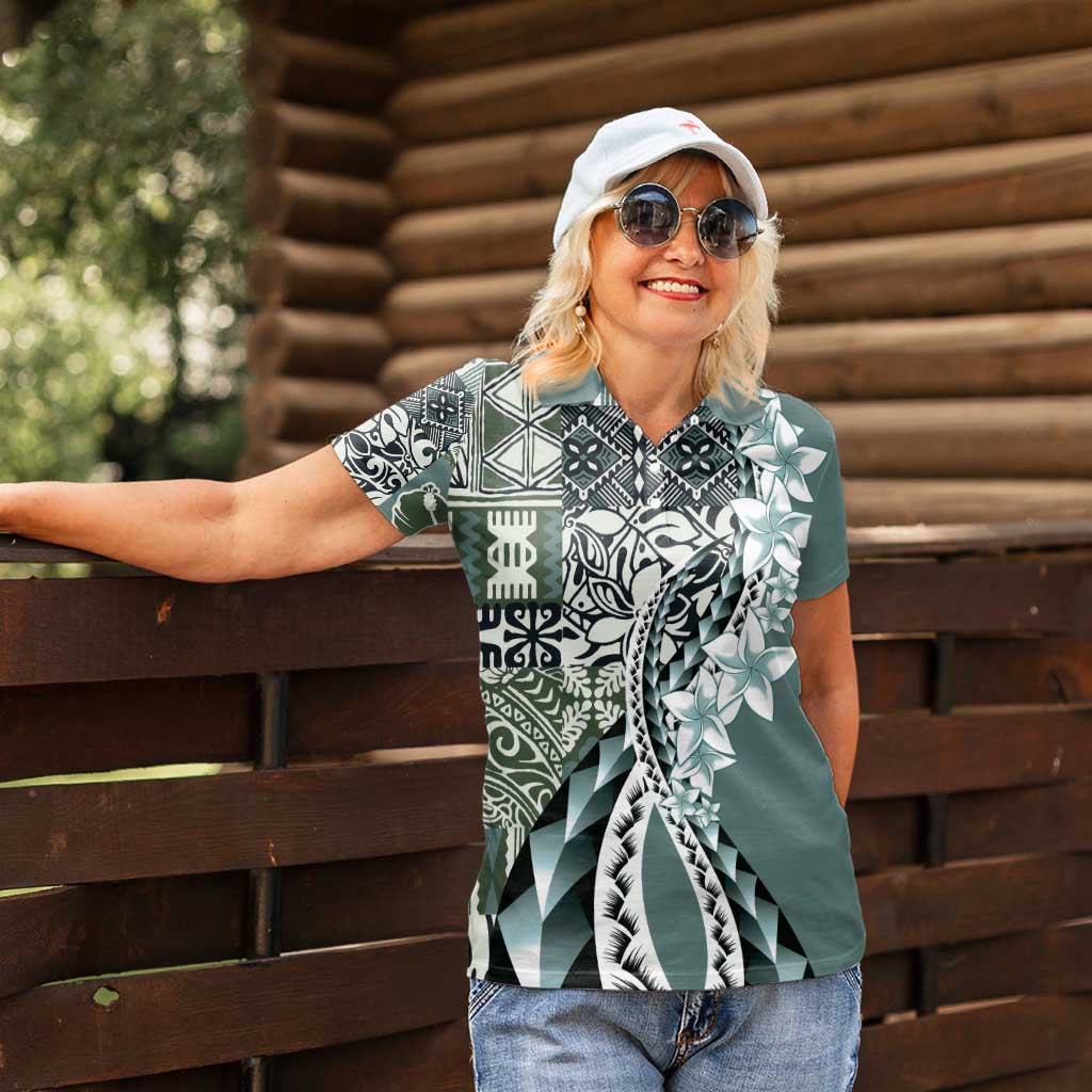 Aloha Vintage Plumeria Hawaiian Tapa Pattern Women Polo Shirt Dark Turquoise Hawaiian Tapa Pattern - Polynesian Pride