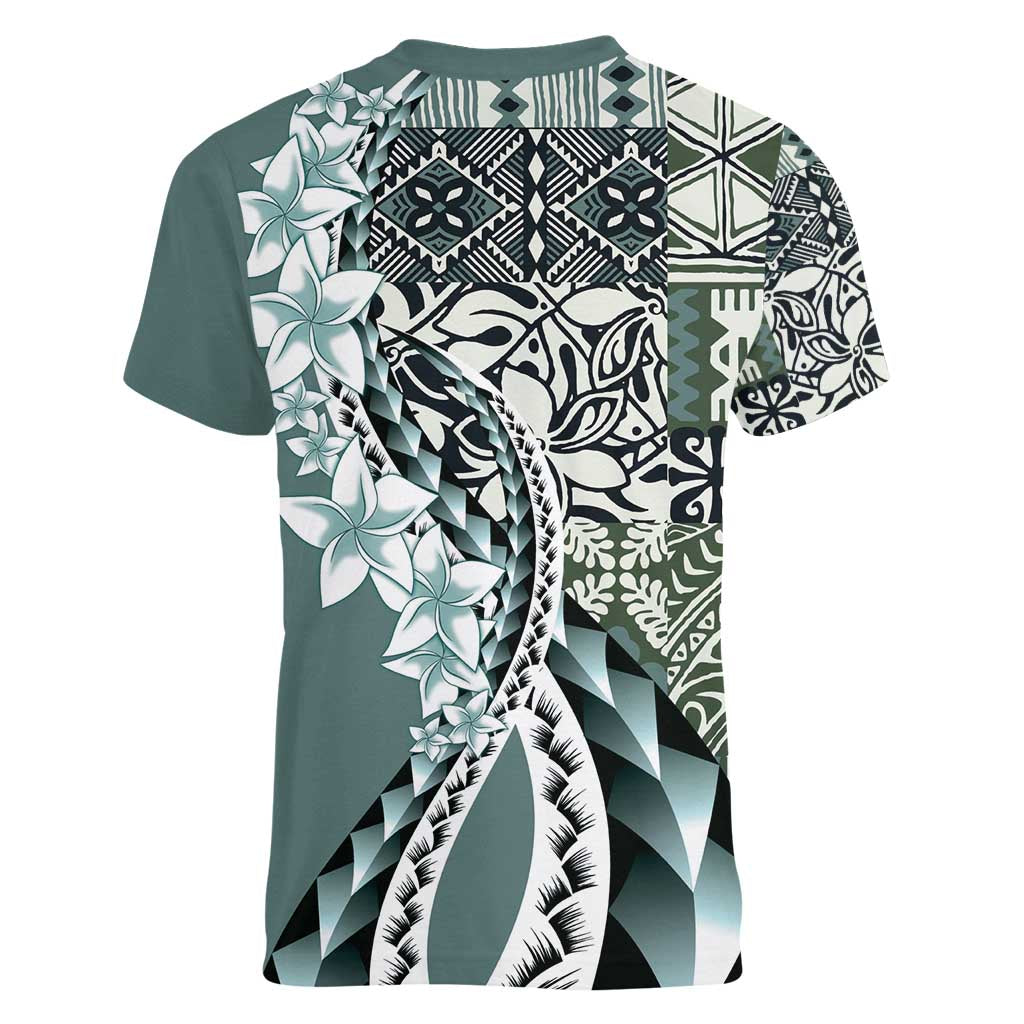 Aloha Vintage Plumeria Hawaiian Tapa Pattern Women V-Neck T-Shirt Dark Turquoise Hawaiian Tapa Pattern - Polynesian Pride