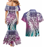 Aloha Vintage Plumeria Hawaiian Tapa Pattern Couples Matching Mermaid Dress and Hawaiian Shirt Gradient Hawaiian Tapa Pattern - Polynesian Pride