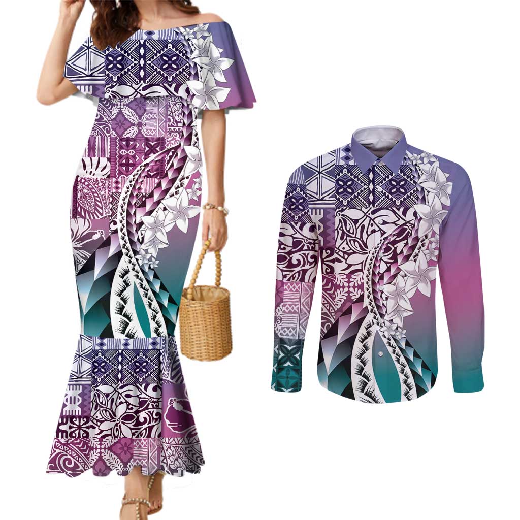 Aloha Vintage Plumeria Hawaiian Tapa Pattern Couples Matching Mermaid Dress and Long Sleeve Button Shirt Gradient Hawaiian Tapa Pattern - Polynesian Pride