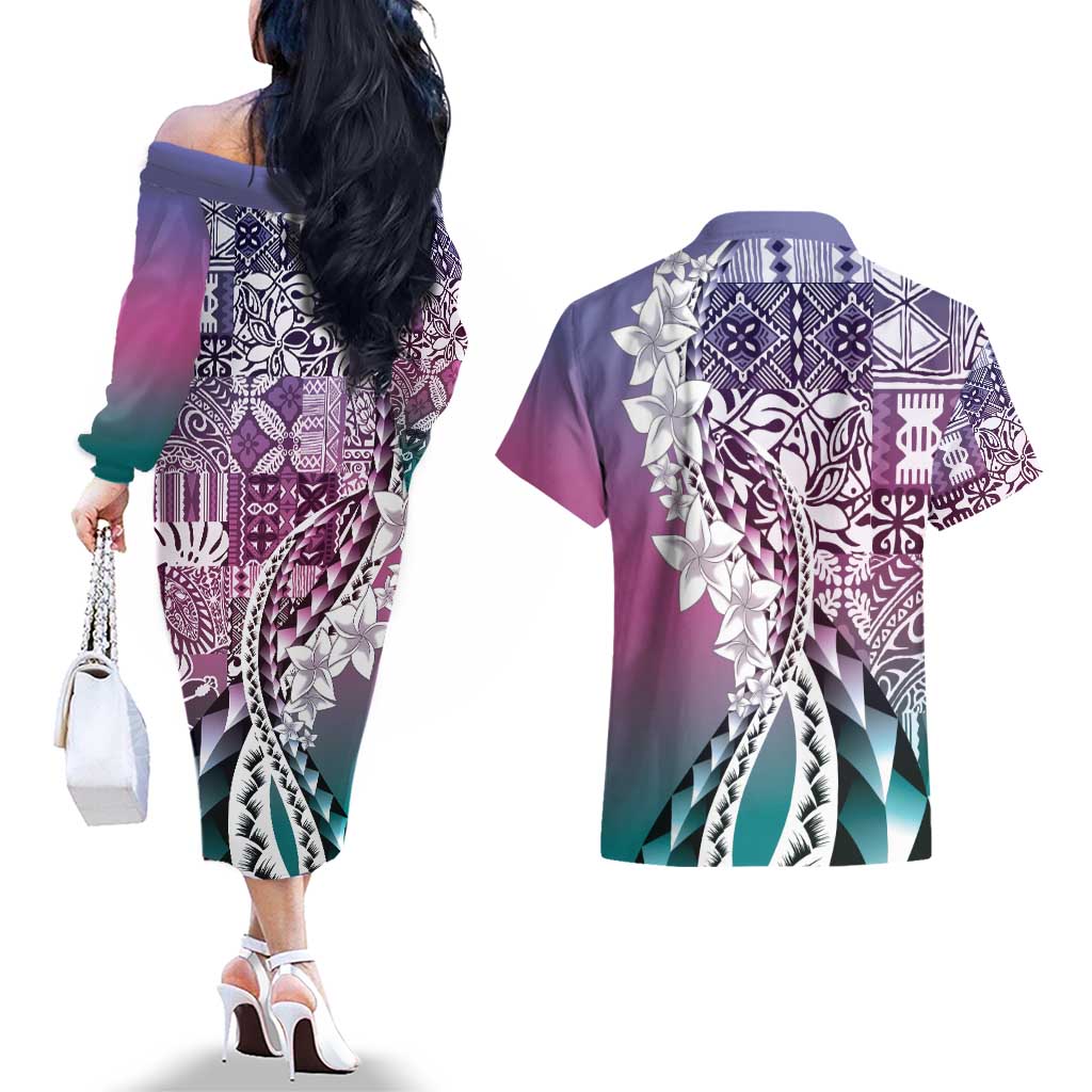 Aloha Vintage Plumeria Hawaiian Tapa Pattern Couples Matching Off The Shoulder Long Sleeve Dress and Hawaiian Shirt Gradient Hawaiian Tapa Pattern - Polynesian Pride