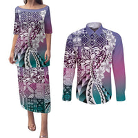 Aloha Vintage Plumeria Hawaiian Tapa Pattern Couples Matching Puletasi and Long Sleeve Button Shirt Gradient Hawaiian Tapa Pattern - Polynesian Pride