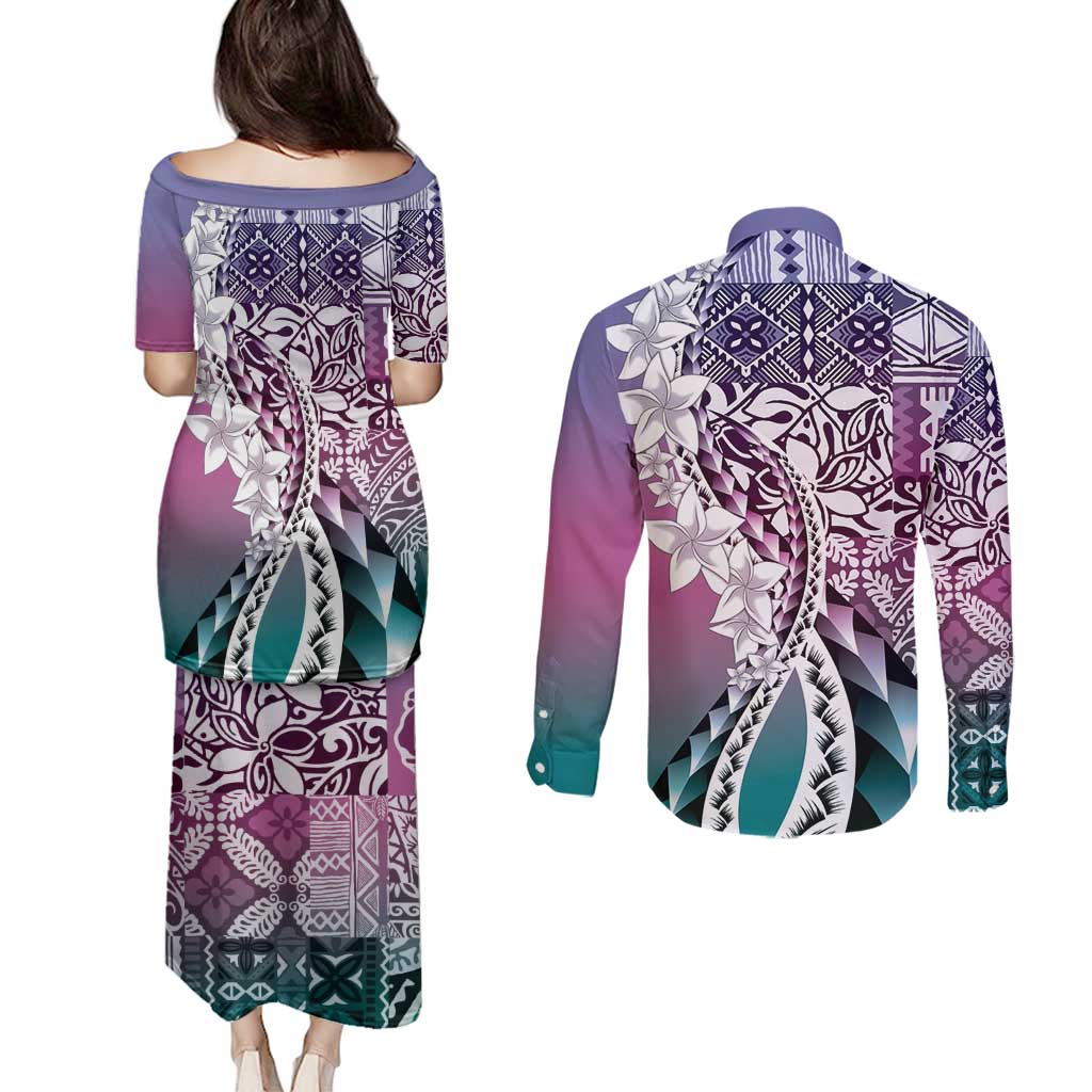 Aloha Vintage Plumeria Hawaiian Tapa Pattern Couples Matching Puletasi and Long Sleeve Button Shirt Gradient Hawaiian Tapa Pattern - Polynesian Pride