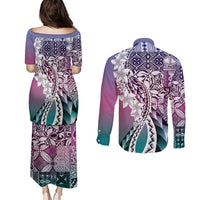 Aloha Vintage Plumeria Hawaiian Tapa Pattern Couples Matching Puletasi and Long Sleeve Button Shirt Gradient Hawaiian Tapa Pattern - Polynesian Pride